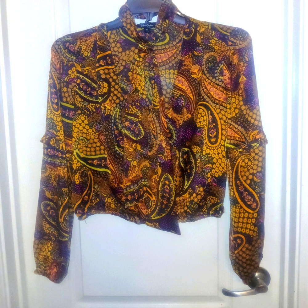 Jessica Simpsons multi colored paisley  crop top with neck tye